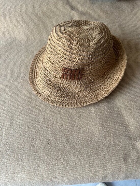 Miu Miu Natural Woven Straw Bucket Hat Embossed Logo With Tag